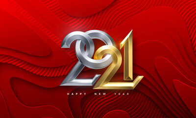 Realistic 2021 golden and silver numbers on red paper cut background. Vector holiday illustration. Happy New 2021 Year. Chineese New year ornament.
