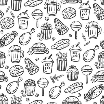 Vector Fast Food Outline Icons Seamless Pattern. Doodle Unhealthy Street Food Black and White Background