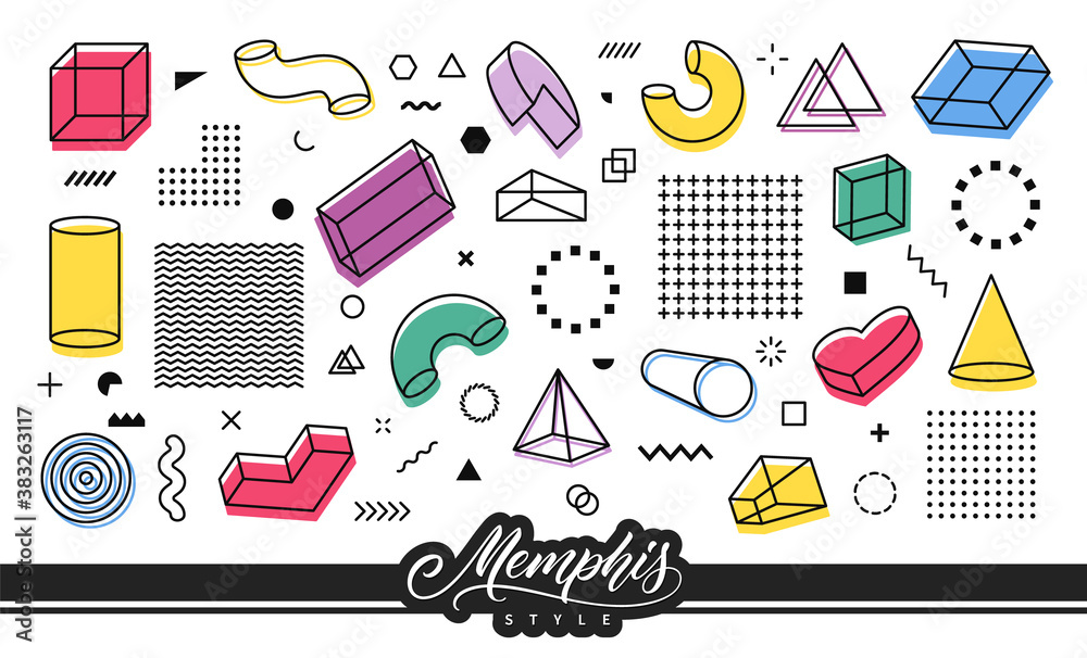 Poster Retro elements in Memphis style for use in graphic design. Set of simple geometric shapes.
