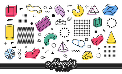Retro elements in Memphis style for use in graphic design. Set of simple geometric shapes.