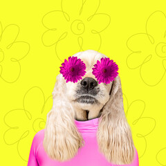 In love. Modern design. Contemporary art collage with cute dog and trendy colored background with geometric styled elements. Inspirative art, pets, animal, style and fashion concept. Copyspace.