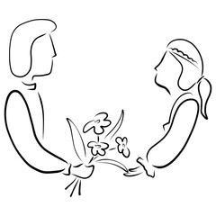 man gives a woman a bouquet of flowers, rustic style