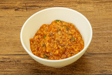 Traditional Georgian Kharcho soup with meat