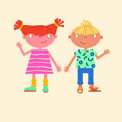 Cute cartoon boy and girl characters in bright pastel colors. Happy kids standing and waving. Flat line art style. Vector illustration. Happy childhood concept.