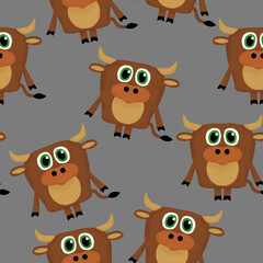seamless pattern with cute bulls on a gray background