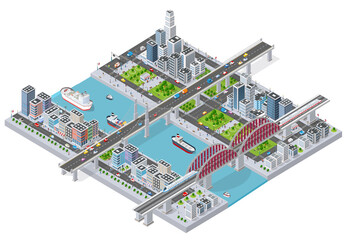 Isometric 3D illustration City with river embankment with © AlexZel