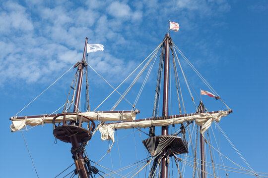 Ship wooden mast and rigging on an old galleon navy vessel