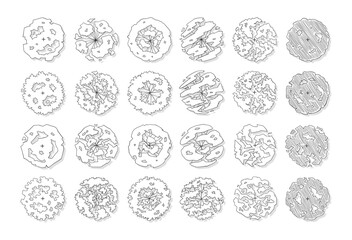 hand drawn vector set of top view tree isolated on white background.