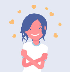 Love yourself, woman in peace, comfort with herself. Young girl in positive thinking, feeling healthy, active person stops negative self talk to reduce stress. Vector creative stylized illustration