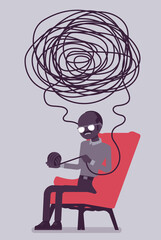 Self help senior man, health, psychological problems solving. Person in distress unwinding a ball of yarn, confused thoughts, feeling anxiety, disoriented, lost. Vector creative stylized illustration