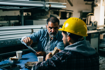 industrial workers having lunch break