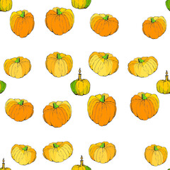 vector seamless background with bright holiday pumpkins for design. doodles