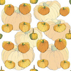  seamless background with bright holiday pumpkins for design. doodles