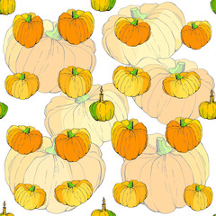 vector seamless background with bright holiday pumpkins for design. doodles