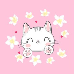 Hand drawn cute cat and flowers pink background vector illustration