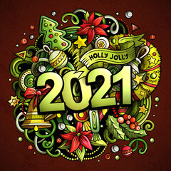 2021 hand drawn doodles illustration. New Year objects and elements poster