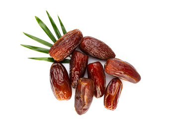 Dry dates isolated on white background. Top view. Flat lay pattern.