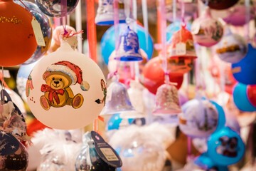 Colorful Christmas decorations on an European Christmas market.