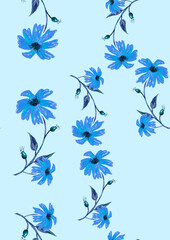 Watercolor vintage pattern. Seamless background with a pattern - blue flower cornflower, cloves. Beautiful splash of paint, art background for fabric, paper, textiles. Blue wild flower.