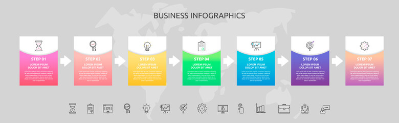 Infographics rectangle with seven steps, arrows. Vector template used for diagram, business, web, banner, workflow layout, info graph, timeline, content, levels, chart, diagram