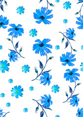 Fototapeta na wymiar Watercolor vintage pattern. Seamless background with a pattern - blue flower cornflower, cloves. Beautiful splash of paint, art background for fabric, paper, textiles. Blue wild flower.
