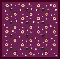 Pattern with Christmas cup with cappuccino, donuts and stars on the red background
