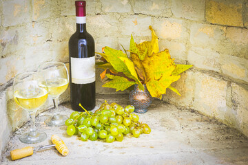 Set up of red bottle of wine with full glasses, green grapes and autun leafs in vase with blank space bacground of brick wall.