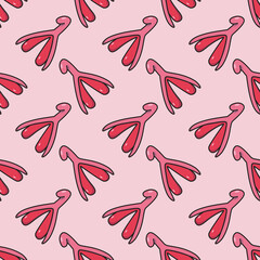 Vector graphics of seamless pattern art illustration of female reproductive system of clitoris and orgasm. On pink background. Feminism and female genital health theme. Freehand drawing color.