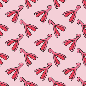 Vector graphics of seamless pattern art illustration of female reproductive system of clitoris and orgasm. On pink background. Feminism and female genital health theme. Freehand drawing color.