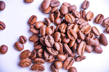 Roasted coffee beans background. Top view. Copy space