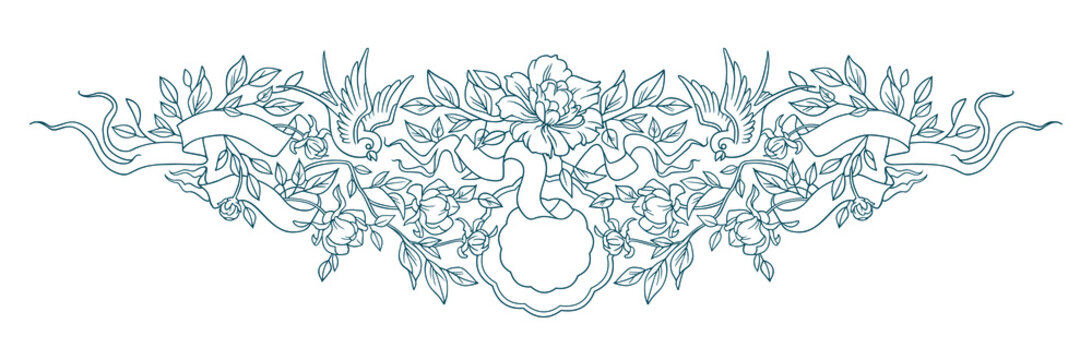 Floral  border with flying swallows and blooming flowers. Wedding invitation, blossom branch, garden, borders and frames