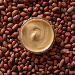 Square background of peanut paste or butter and nuts around. View from above.