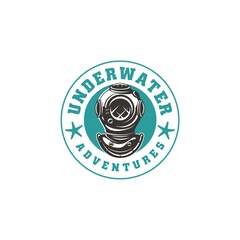 Old diving helmet logo design concept for diving club or sea activities. Underwater adventures symbol idea. Vector icon.