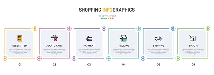 Concept of shopping process with 6 successive steps. Six colorful graphic elements. Timeline design for brochure, presentation, web site. Infographic design layout.
