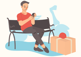 delivery man using smartphone while sitting on bench