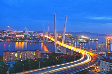Bridge over the golden horn bay at night, Vladivostok