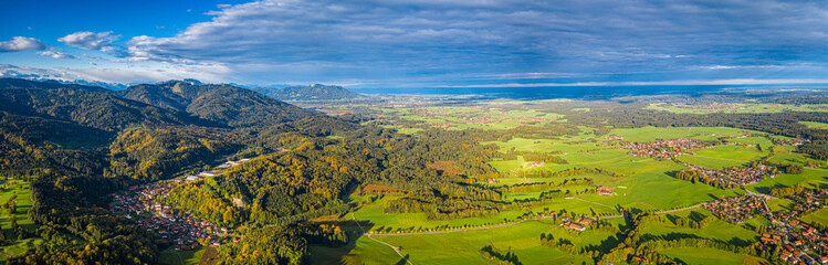 Bavarian Pre Alps. Oberland, Isartal. Agriculture, Fields. Aerial View. Fall Autumn