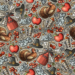Naklejka premium Cartoon cute hand drawn Thanksgiving seamless pattern.