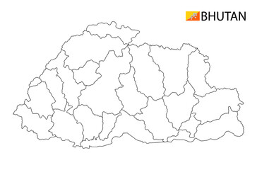 Bhutan map, black and white detailed outline regions of the country. Vector illustration
