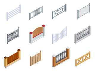 Fence metal, brick, wooden isometric icons set. Palisade, paling, hedge, railing, enclosure, windbreak.