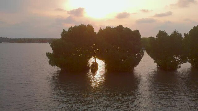 Aerial view of tourists in long boat passing under the trees amidst middle of the river during golden hour.