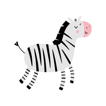 Cute zebra. Zebra flat hand drawn poster. Cartoon character for kids and babies fashion. Vector children's illustration. Funny zoo print.