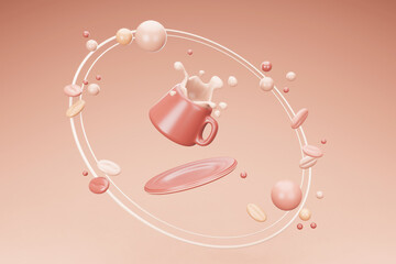 pink cup of coffee with coffee splash and coffee beans on pink background. Cafe poster templates mock up illustration. 3d render illustration.