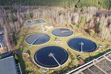 Treatment facilities. A group of radial sedimentation tanks. View from above
