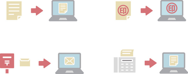 電子化、デジタル化のアイコンのセット／ファイル／書類／インターネット／パソコン／印鑑／効率化