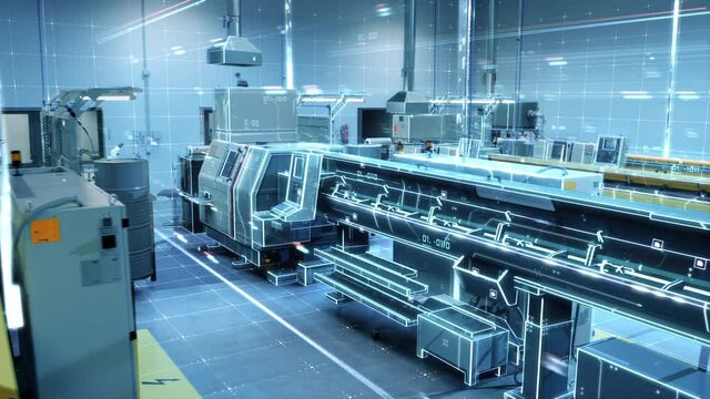 Futuristic Animation: Factory Digitalization with Information Lines Moving Through the High-Tech Modern Electronics Facility. CNC Automatic Machinery Manufacturing Products Using IoT Industry 4.0 