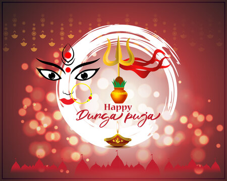 Vector banner of Happy Durga puja, Indian Goddess, beautiful Durga face, trident, kalash with coconut and ashoka leaves, diya, temples, navratri festival illustration.