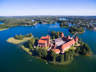 Aerial view of beautiful Gothic style red brick castle on an island on Galve Lake, Trakai, Lithuania