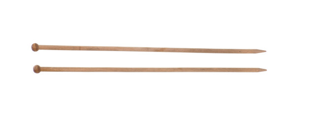 vintage knitting needles, wooden drum sticks isolated on white background