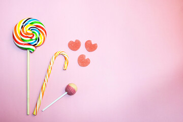 A lot of colorful candy  on colourful background, Valentines Day background
